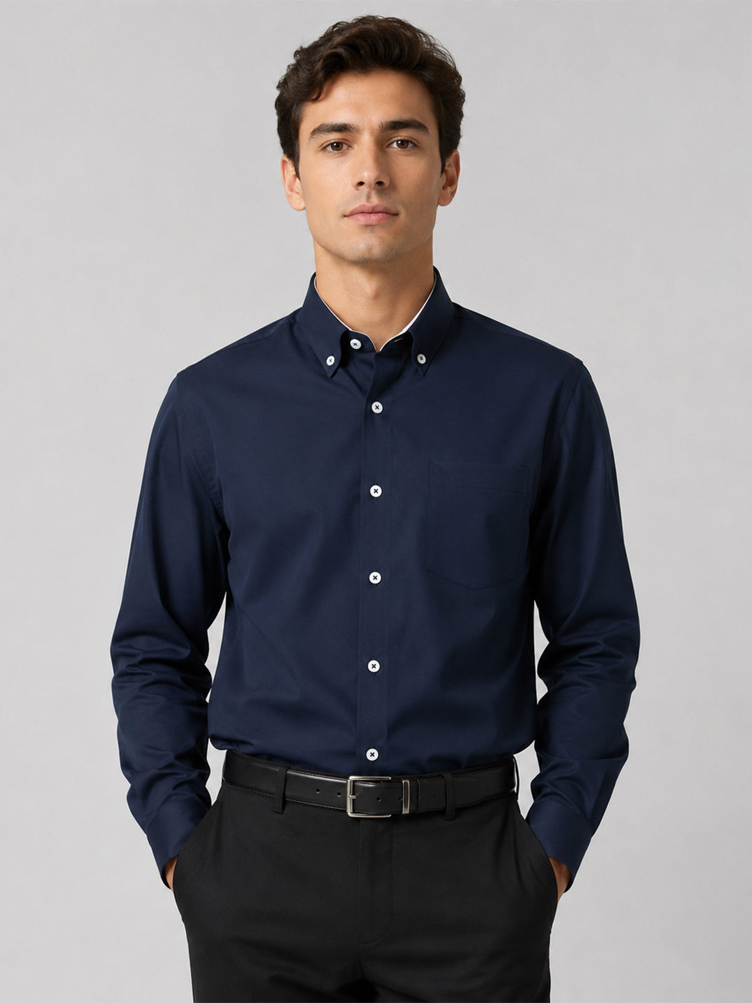 Navy Blue Satin Contrast Collar Shirt for Men