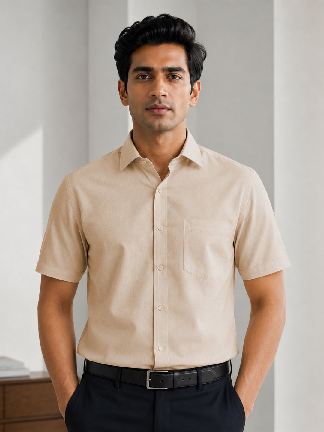 Half Sleeve Paper Cotton Cream Shirt for Men
