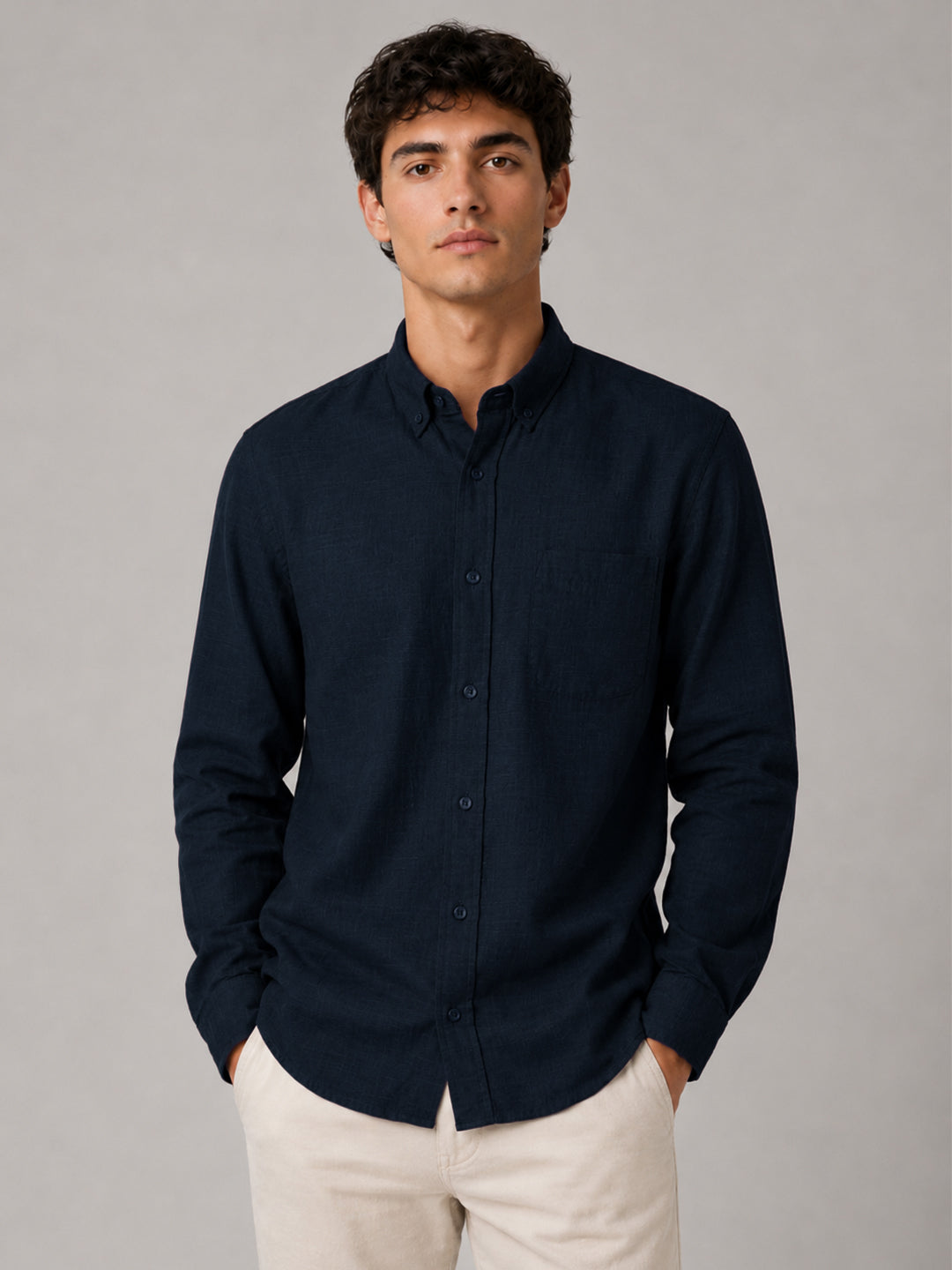 Navy Blue Linear Linen Shirt