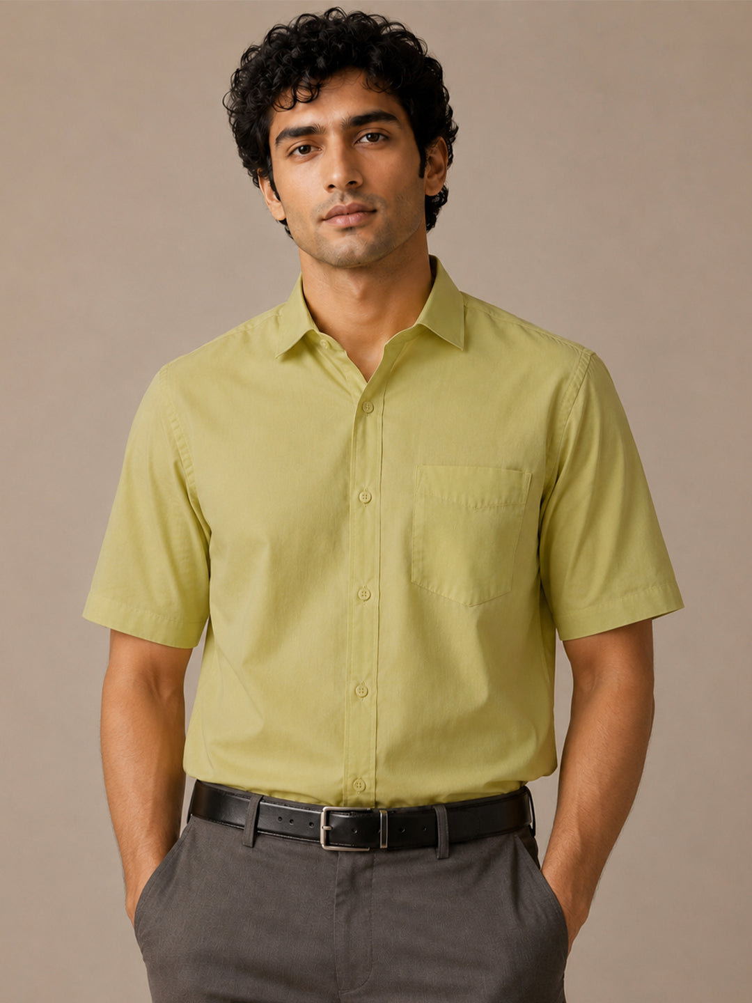 Half Sleeve Paper Cotton Light Green Shirt for Men