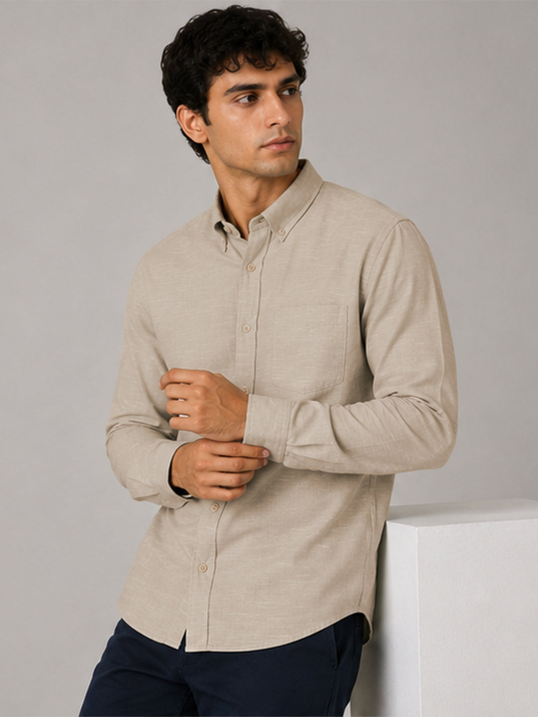 Beige Linear Linen Shirt