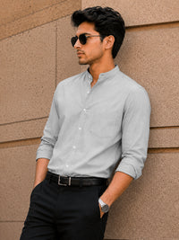 Chinese Collar Silver Tailored Fit Cotton Casual Shirt for Man