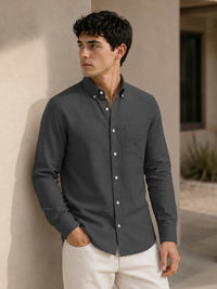 Dark Grey Down Button Casual Linen Shirt