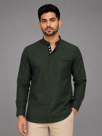 Urban Fit Bottle Green Short Linen Kurta For Men