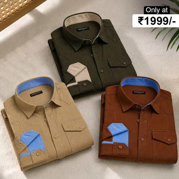 Pack Of 3 Cargo Style Beige, Bottle Green & Brown Shirt
