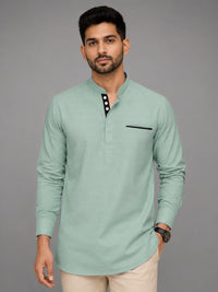 Urban Fit Sea Green Short Linen Kurta For Men