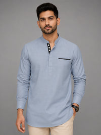 Urban Fit Light Blue Short Linen Kurta For Men