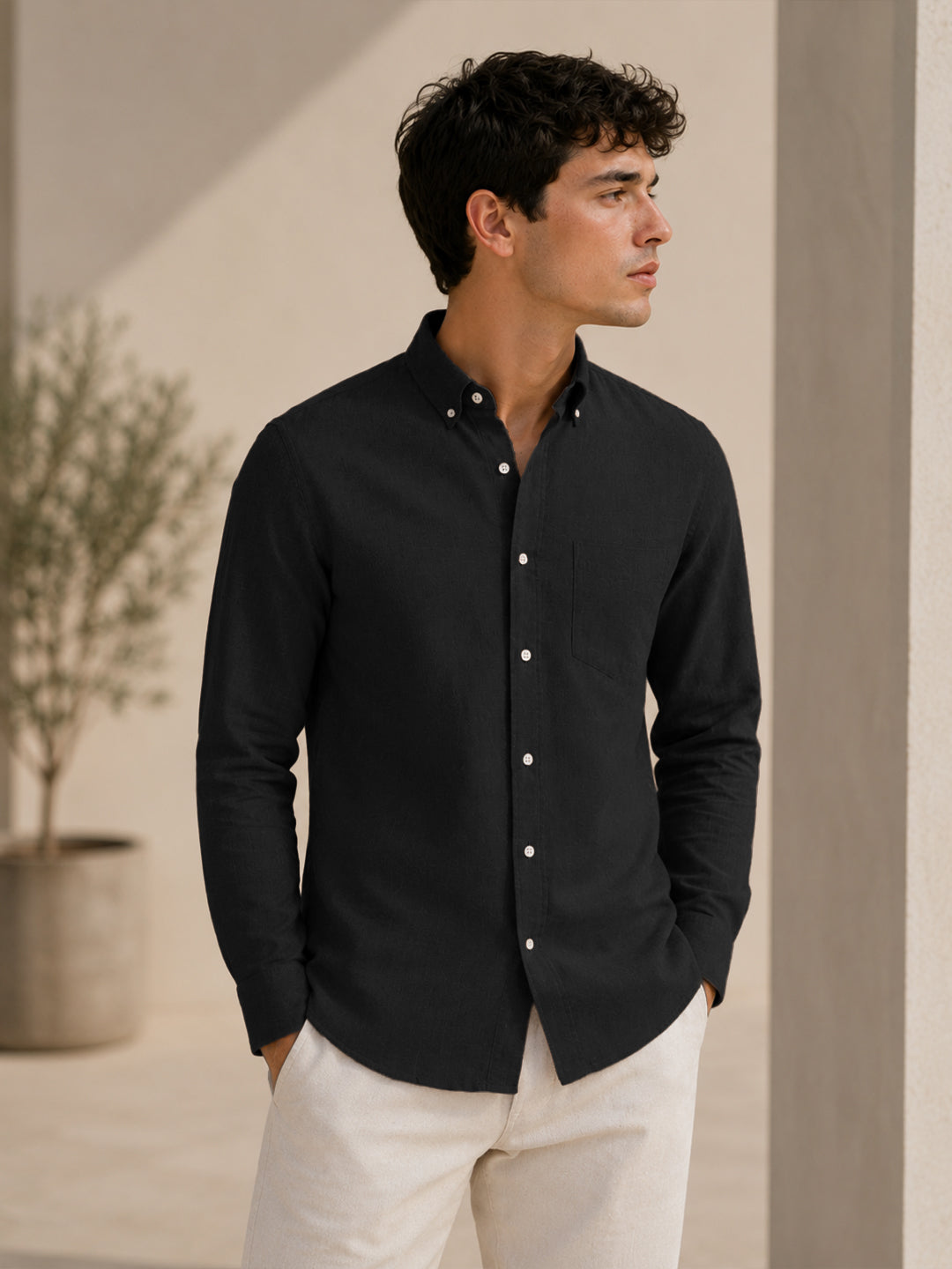 Black Down Button Casual Linen Shirt