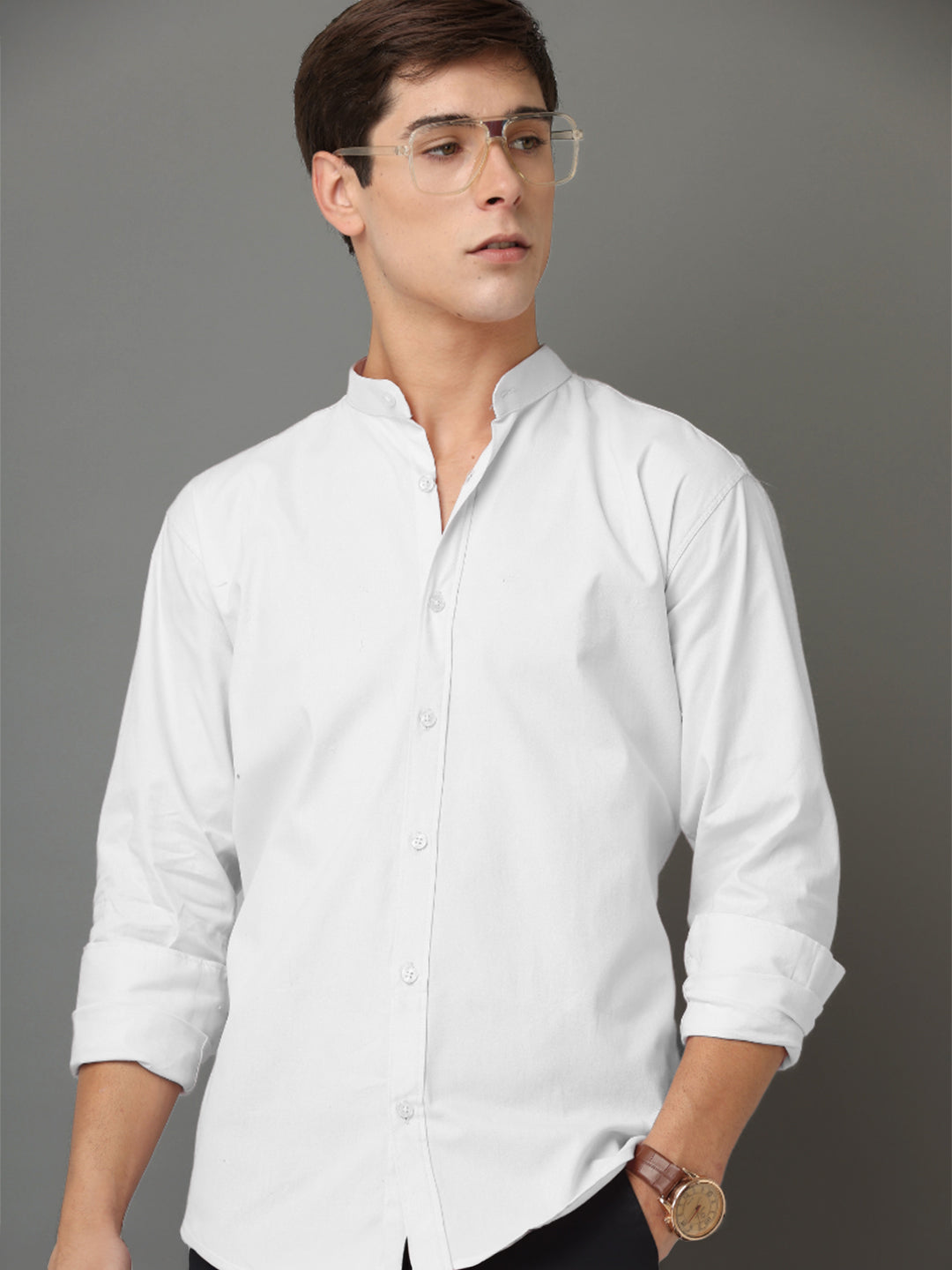 Chinese Collar White Tailored Fit Cotton Casual Shirt for Man