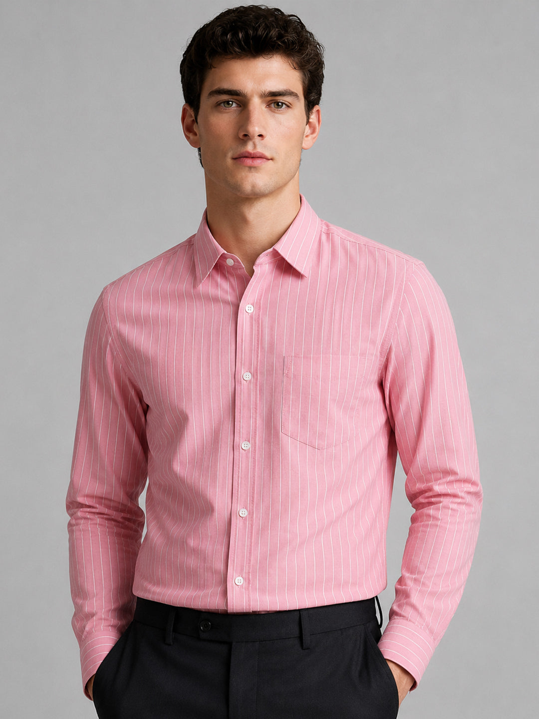 Dark Pink Pinstripe Oxford Shirt For Men
