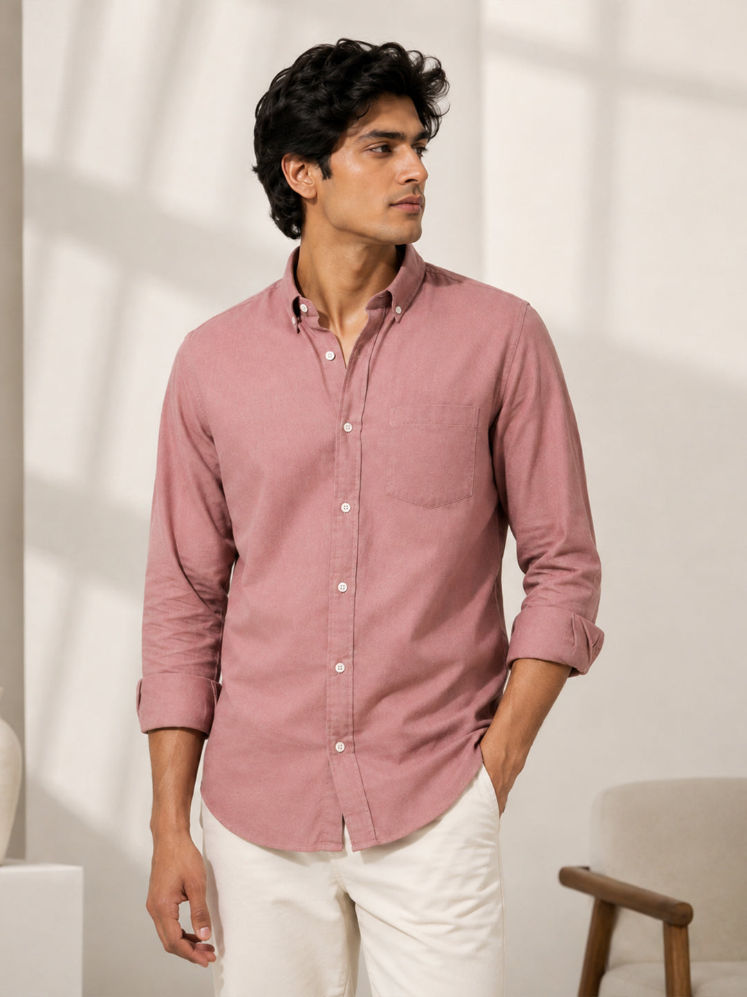 Casual Oxford Cotton Maroon Shirt For Men