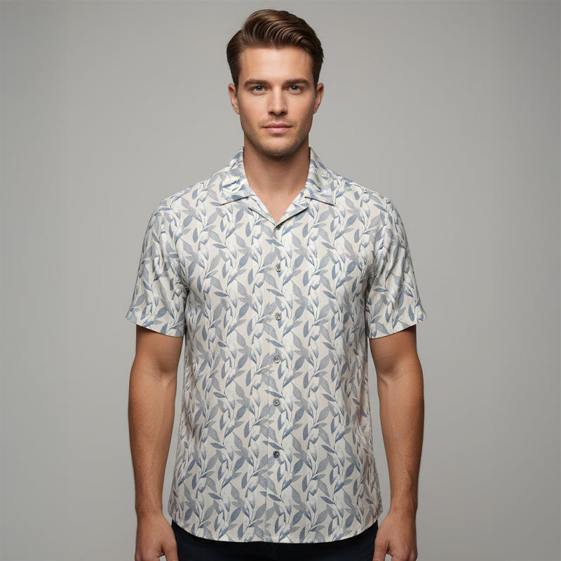 Slate Blue Leaf Printed Cuban Collar Half Sleeve Shirt For men