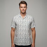 Slate Blue Leaf Printed Cuban Collar Half Sleeve Shirt For men