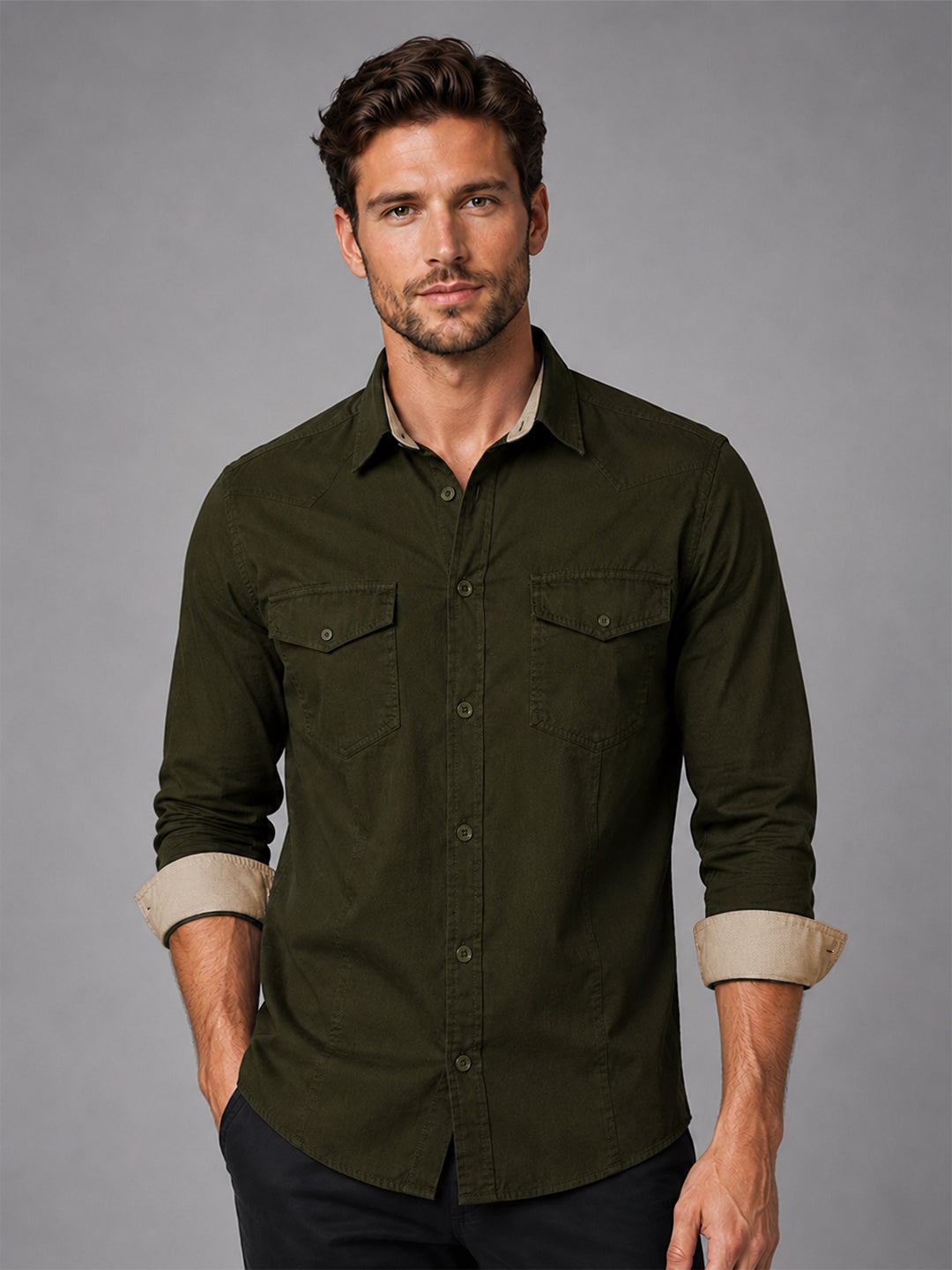Pack Of 2 Cargo Style Khaki & Bottle Green Shirt