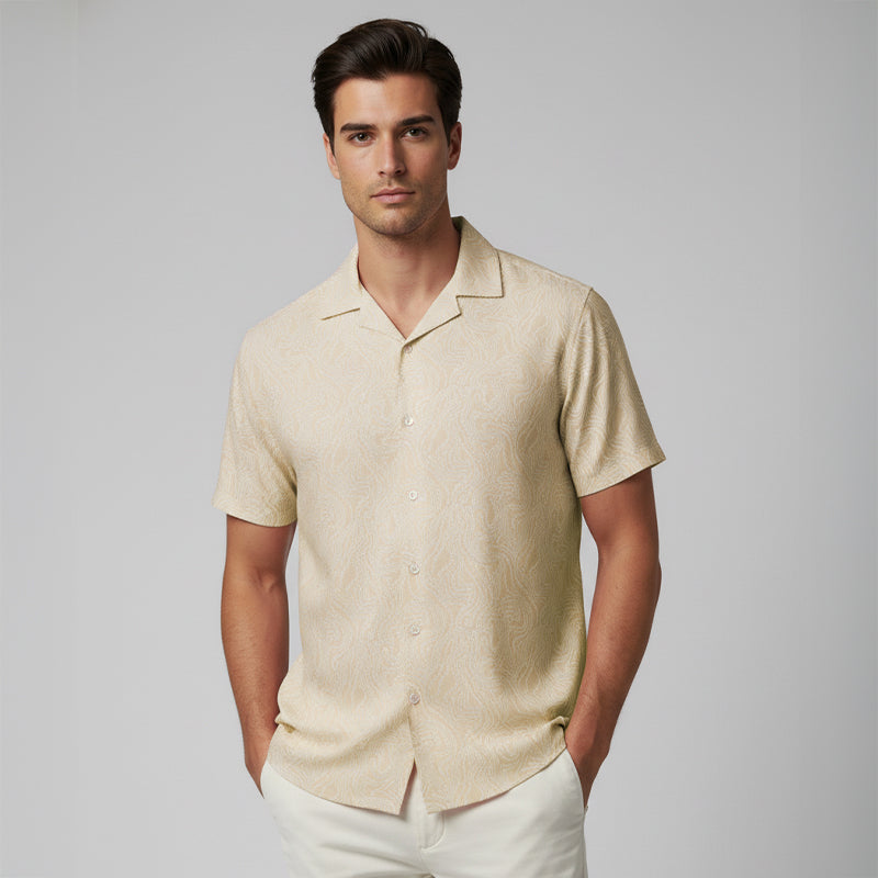 Cream Swirl Printed Cuban Collar Half Sleeve Shirt For men