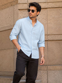 Chinese Collar Light Blue Tailored Fit Cotton Casual Shirt for Man