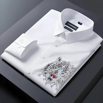 White dress shirt with a tiger emblem on a dark background