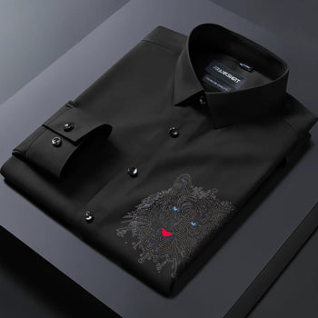 Black dress shirt with a wolf design on a dark background