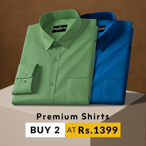 Two folded shirts, one green and one blue, on a brown background with promotional text.