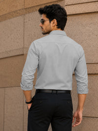 Chinese Collar Silver Tailored Fit Cotton Casual Shirt for Man