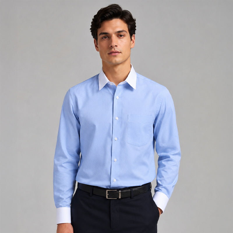 White Collar Denim Blue Oxford Cotton Shirt For Men