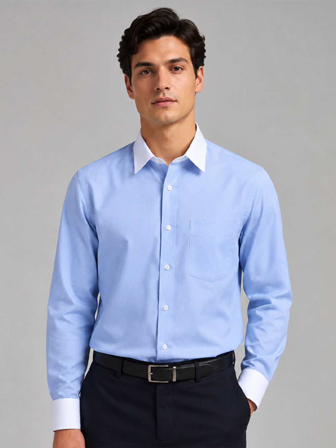 Pack of 2 White Collar Oxford Cotton Shirt For Men (Dark Grey & Denim Blue)