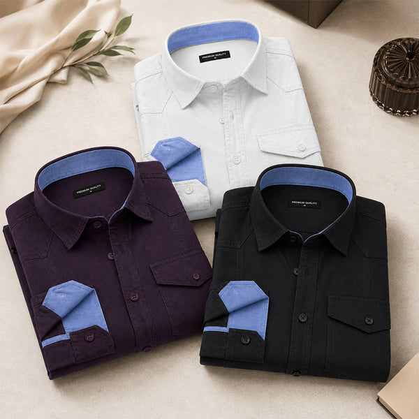 Pack Of 3 Cargo Style White, Wine & Black Shirt
