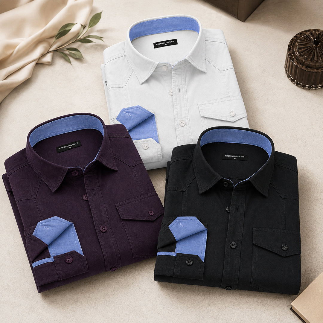 Pack Of 3 Cargo Style White, Wine & Black Shirt