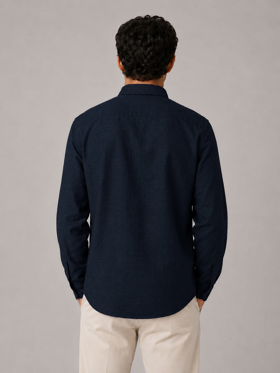 Navy Blue Linear Linen Shirt