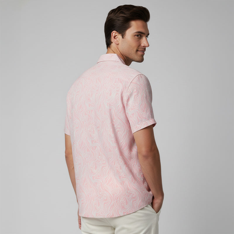 Soft Pink Swirl Printed Cuban Collar Half Sleeve Shirt For men