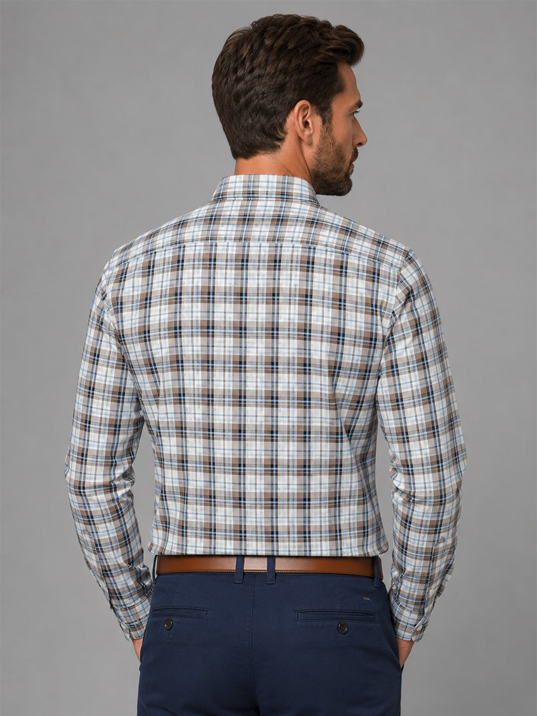 Beige Tartan Check Cotton Shirt For Men