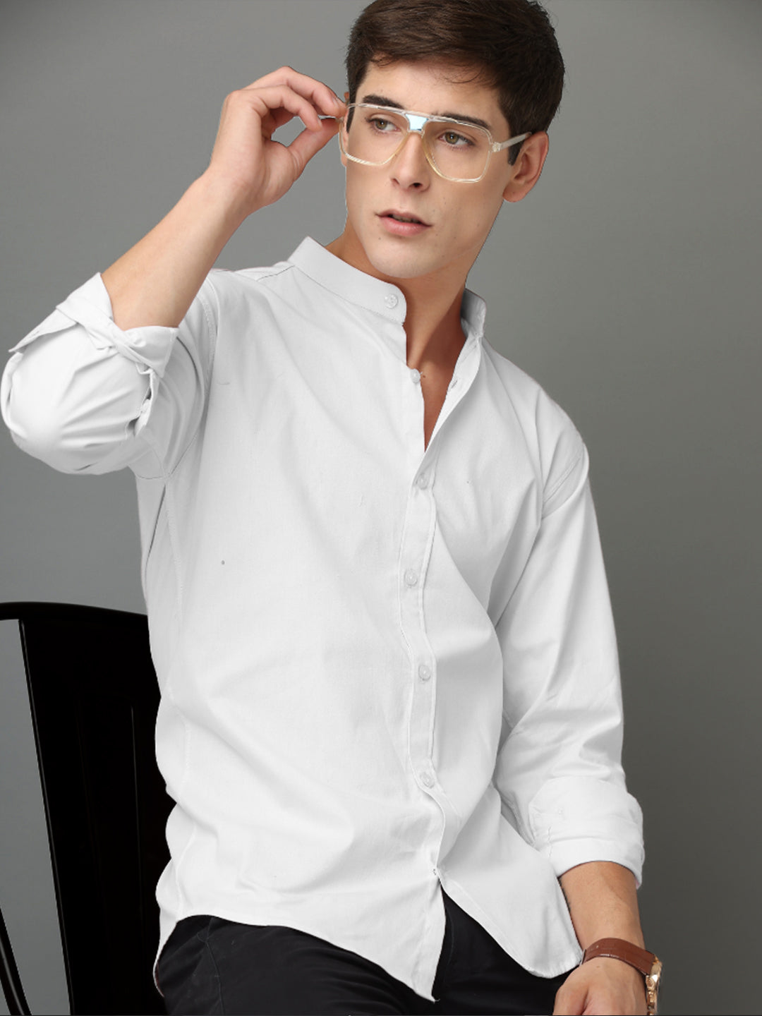 Chinese Collar White Tailored Fit Cotton Casual Shirt for Man