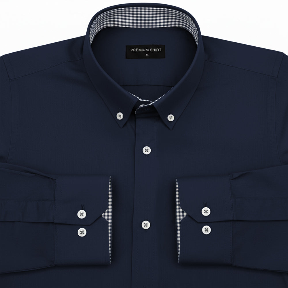 Navy Blue Satin Check Contrast Collar Shirt for Men