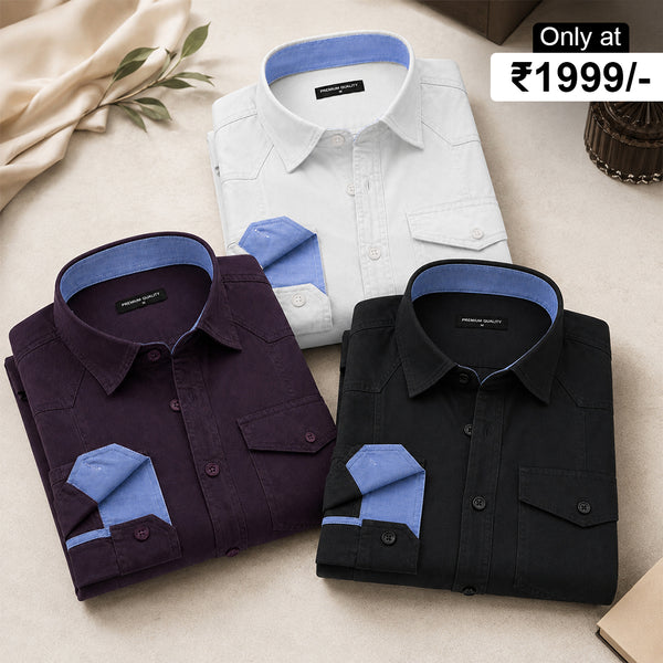 Pack Of 3 Cargo Style White, Wine & Black Shirt