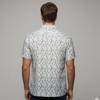 Slate Blue Leaf Printed Cuban Collar Half Sleeve Shirt For men