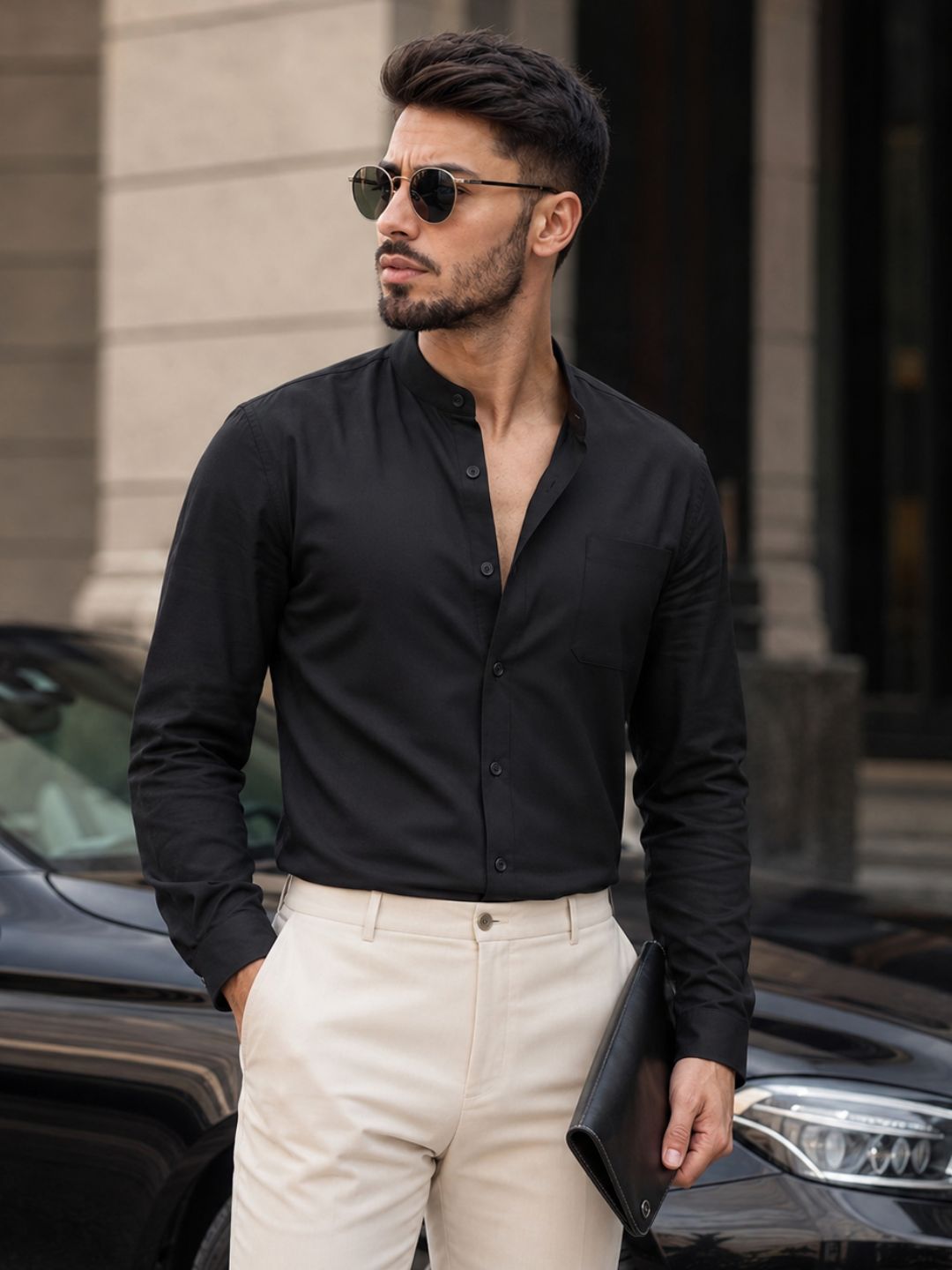 Chinese Collar Black Solid Tailored Fit Cotton Casual Shirt for Man