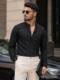 Chinese Collar Black Solid Tailored Fit Cotton Casual Shirt for Man