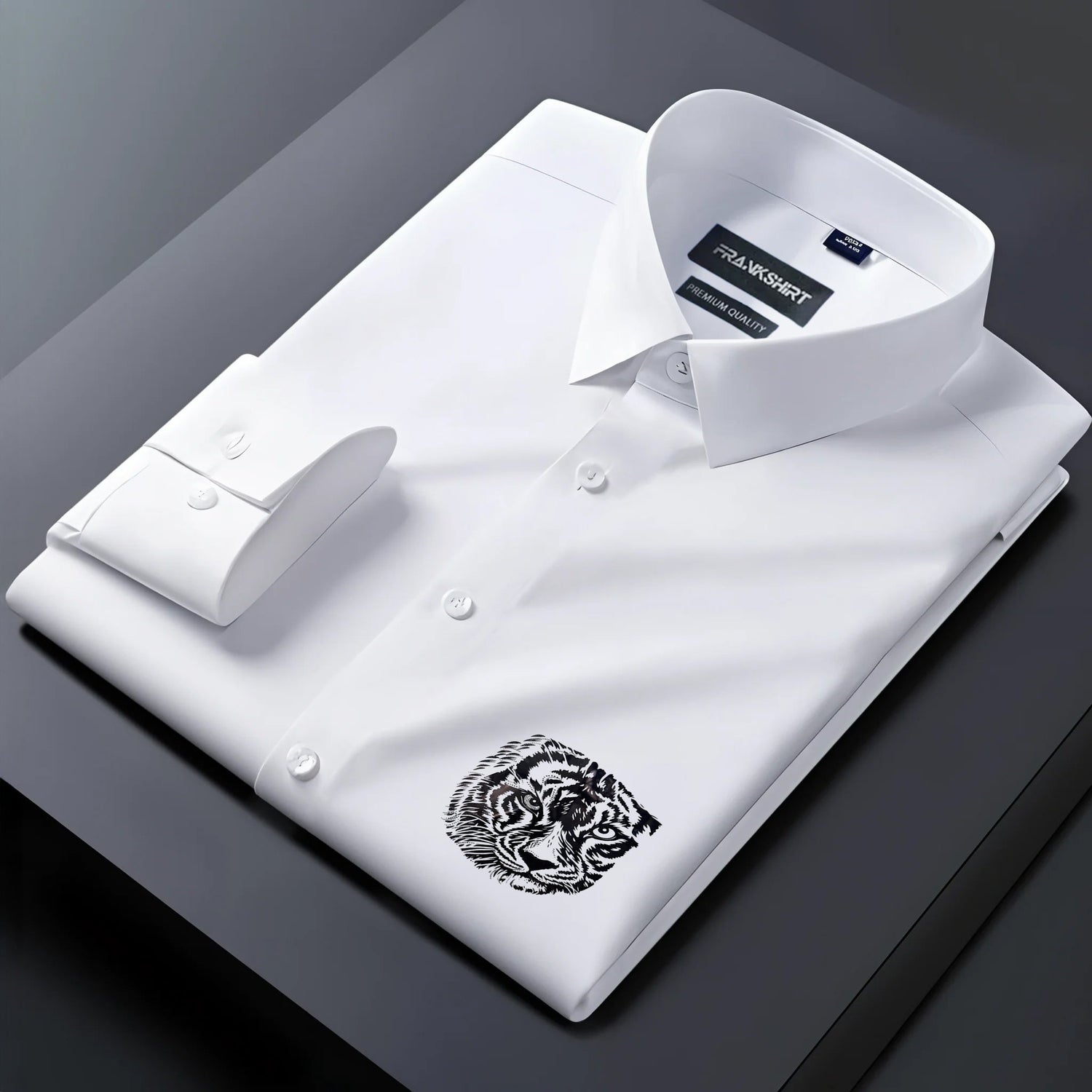 White dress shirt with a tiger emblem on a dark background