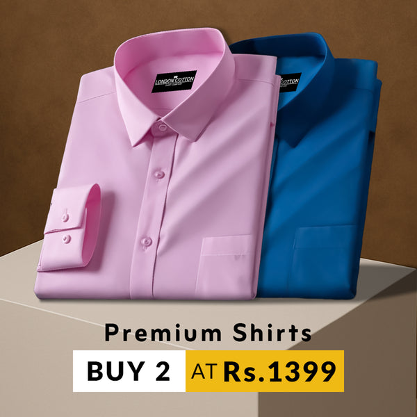 Two folded shirts, one pink and one blue, on a brown background with promotional text.