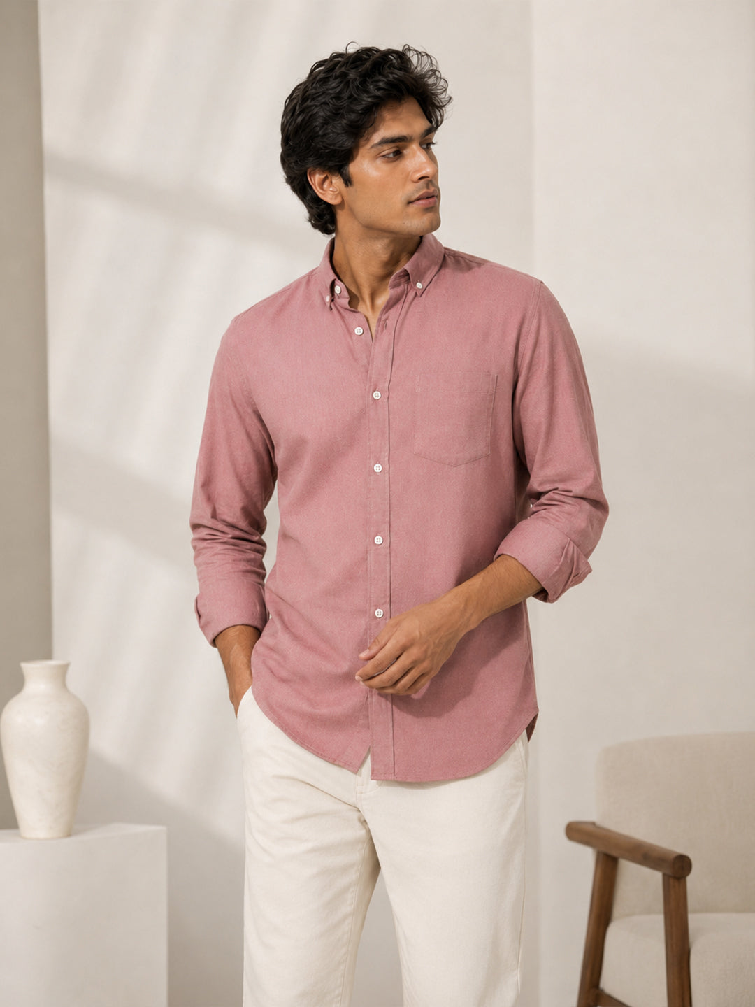 Casual Oxford Cotton Maroon Shirt For Men