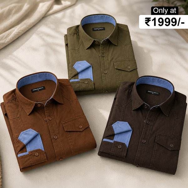 Pack Of 3 Cargo Style Dusty Brown, Olive & Dark Brown Shirt