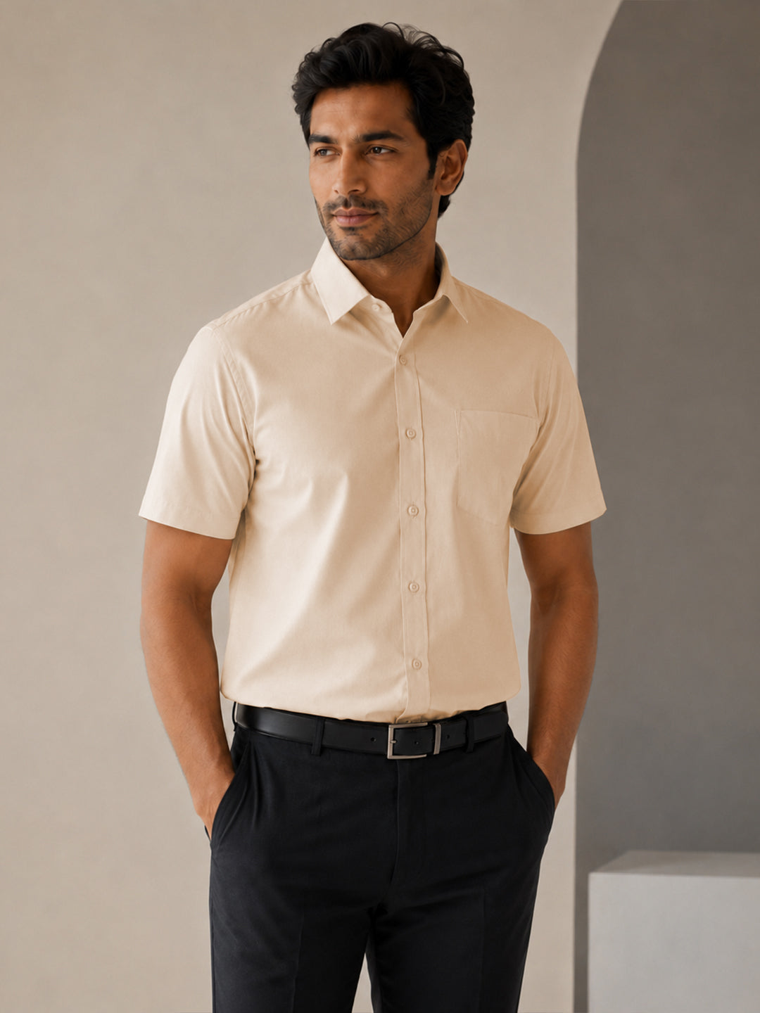 Half Sleeve Paper Cotton Soft Beige Shirt for Men