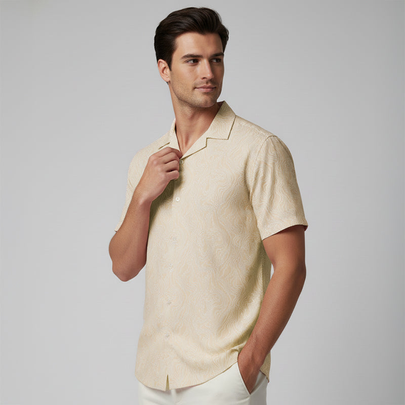 Cream Swirl Printed Cuban Collar Half Sleeve Shirt For men