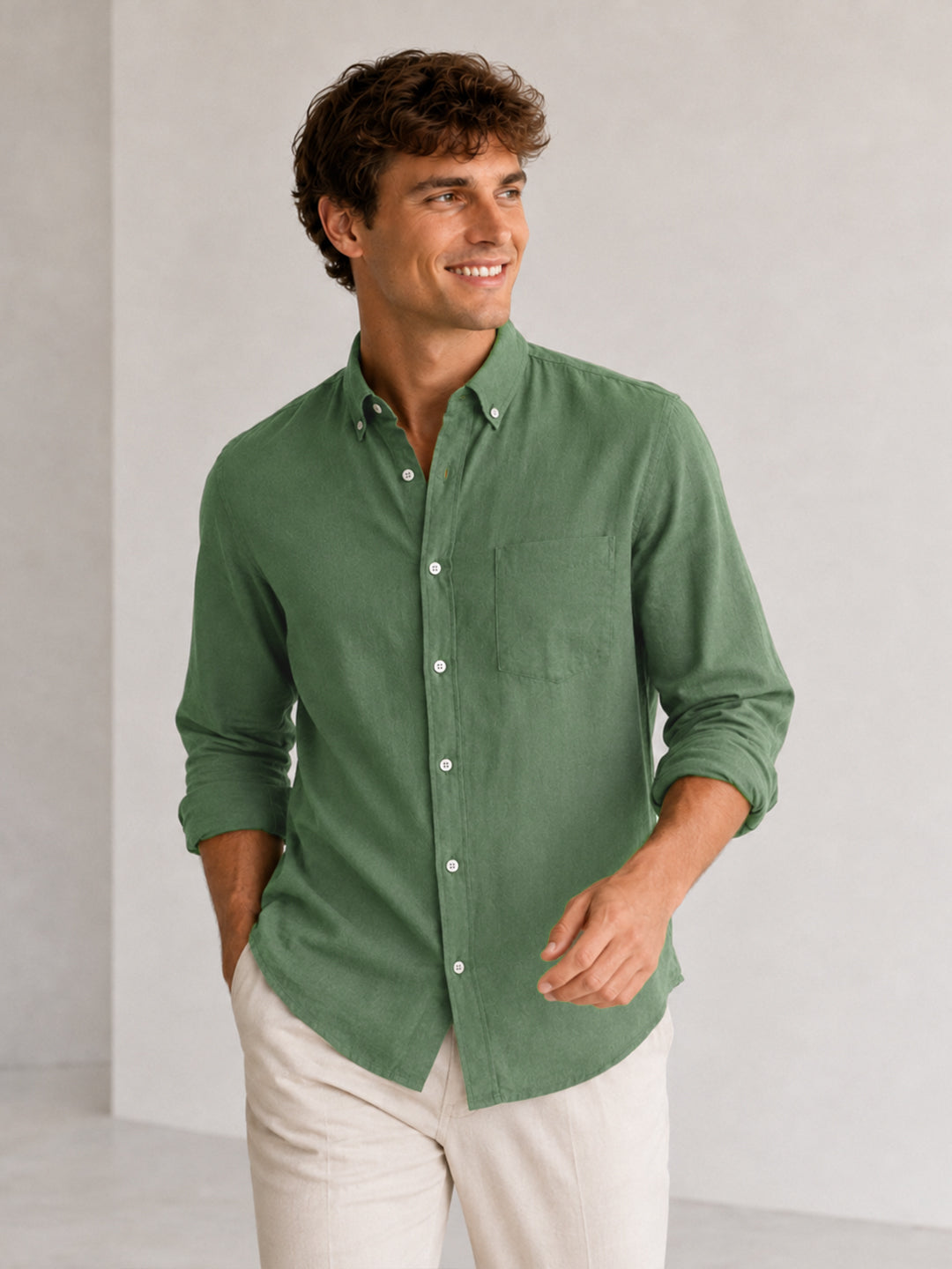 Green Down Button Casual Linen Shirt