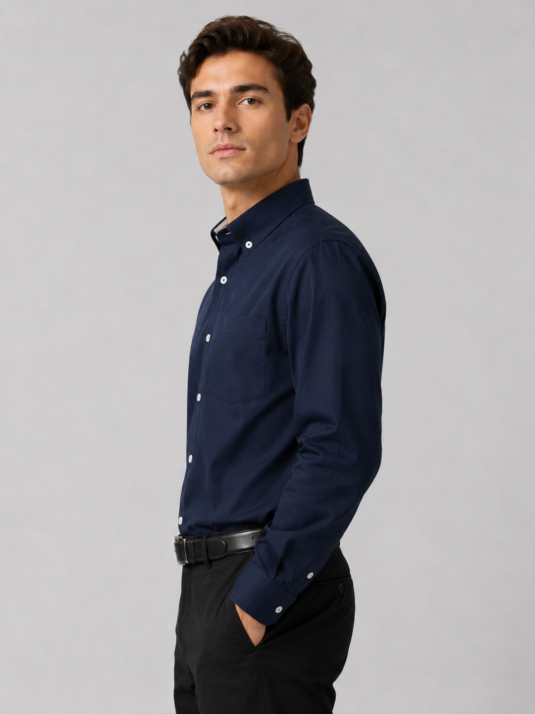 Navy Blue Satin Contrast Collar Shirt for Men