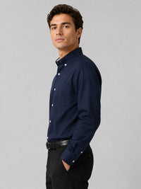 Navy Blue Satin Contrast Collar Shirt for Men