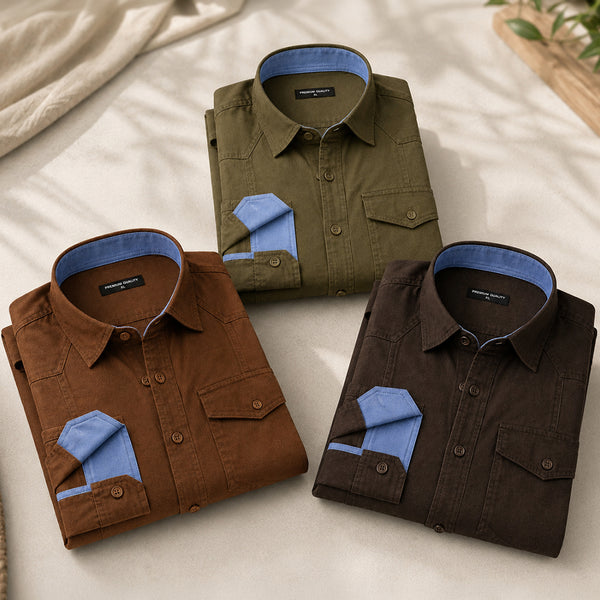 Pack Of 3 Cargo Style Dusty Brown, Olive & Dark Brown Shirt