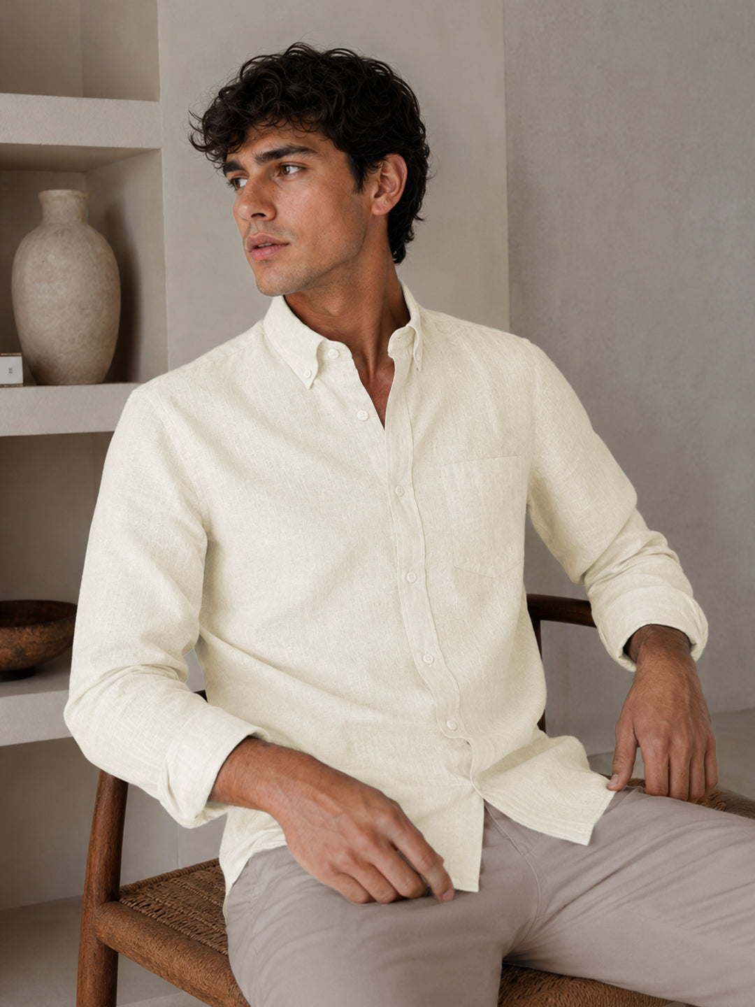 Off White Down Button Casual Linen Shirt