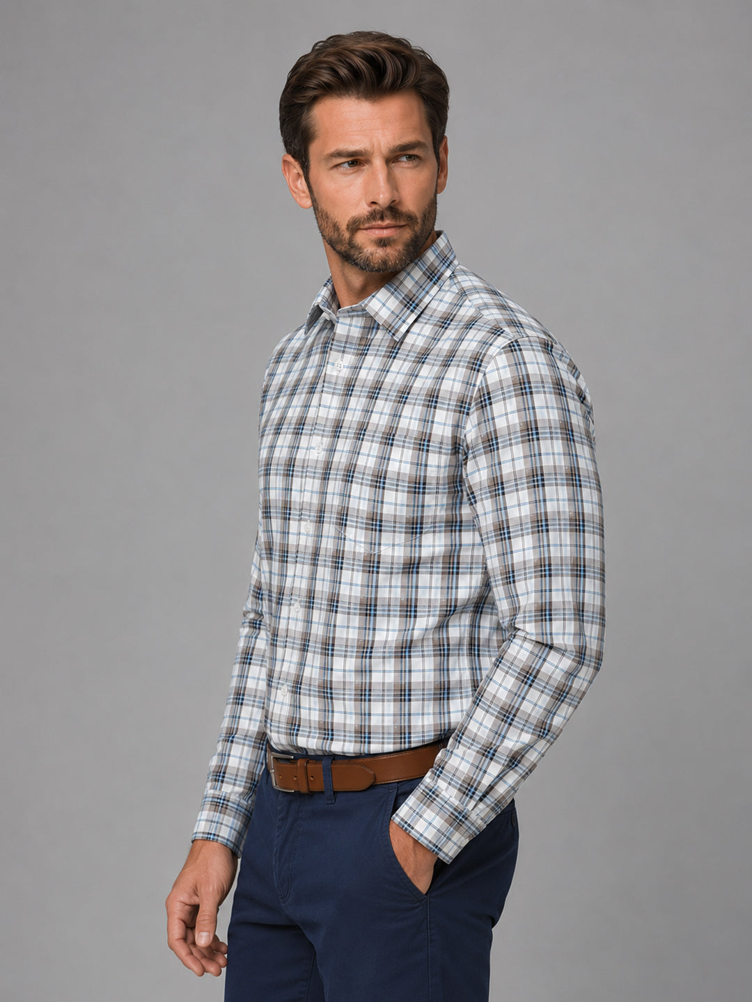 Beige Tartan Check Cotton Shirt For Men