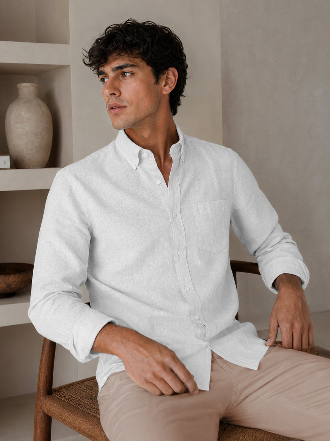 White Down Button Casual Linen Shirt